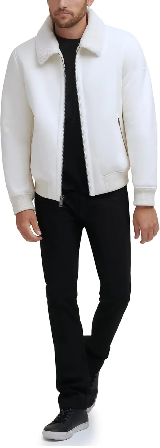 DKNY Men's Shearling Bomber Jacket with Faux Fur Collar