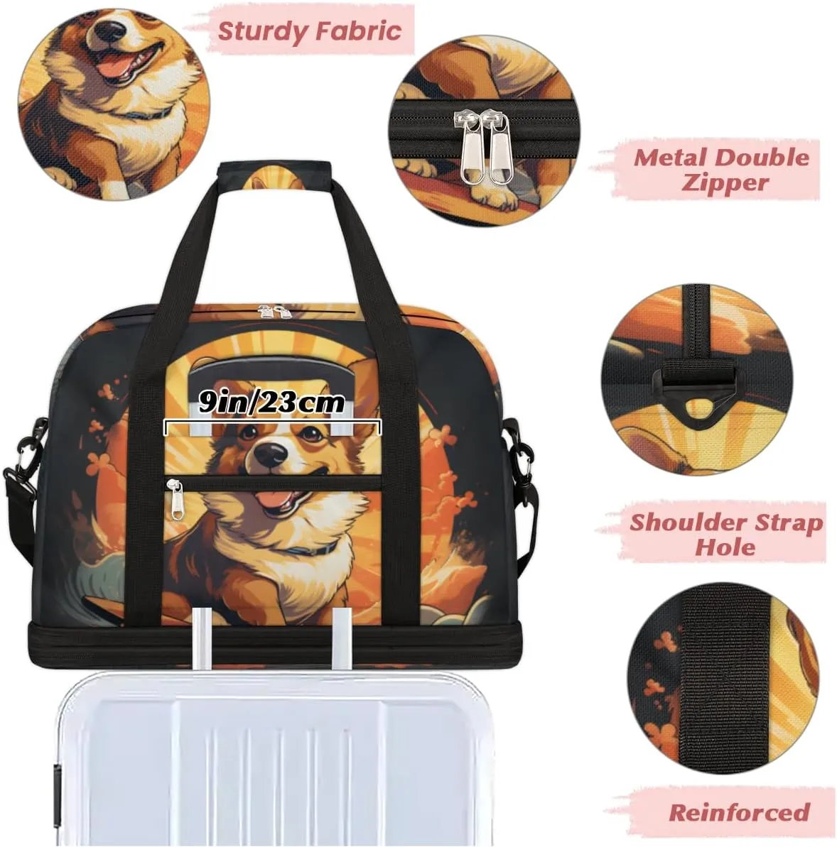 Dogs Animals Foldable Travel Duffel Bag Overnight Weekender Bag with Shoes Compartment Sports Gym Bag for Men Women