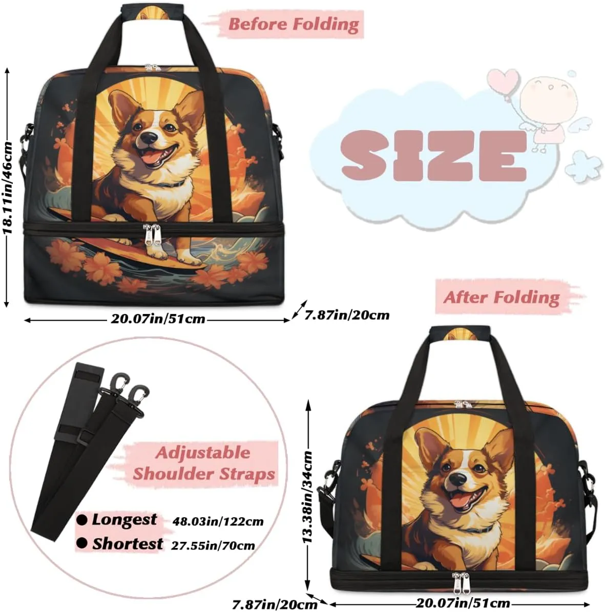 Dogs Animals Foldable Travel Duffel Bag Overnight Weekender Bag with Shoes Compartment Sports Gym Bag for Men Women