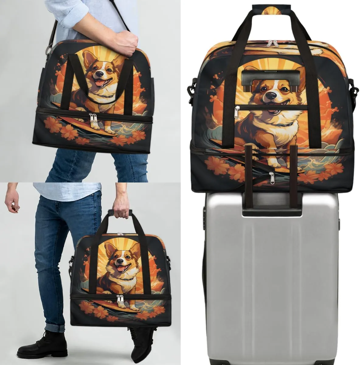 Dogs Animals Foldable Travel Duffel Bag Overnight Weekender Bag with Shoes Compartment Sports Gym Bag for Men Women