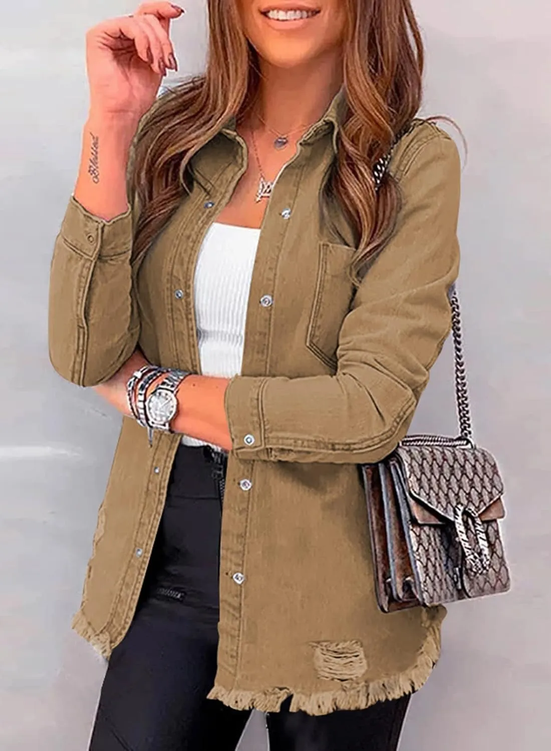 Dokotoo Women's Oversized Denim Jacket Casual Long Sleeve Denim Shirts Distresse Jean Jacket 2025 Spring Outfits