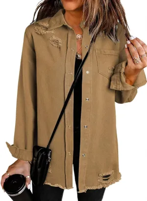 Dokotoo Women's Oversized Denim Jacket Casual Long Sleeve Denim Shirts Distresse Jean Jacket 2025 Spring Outfits