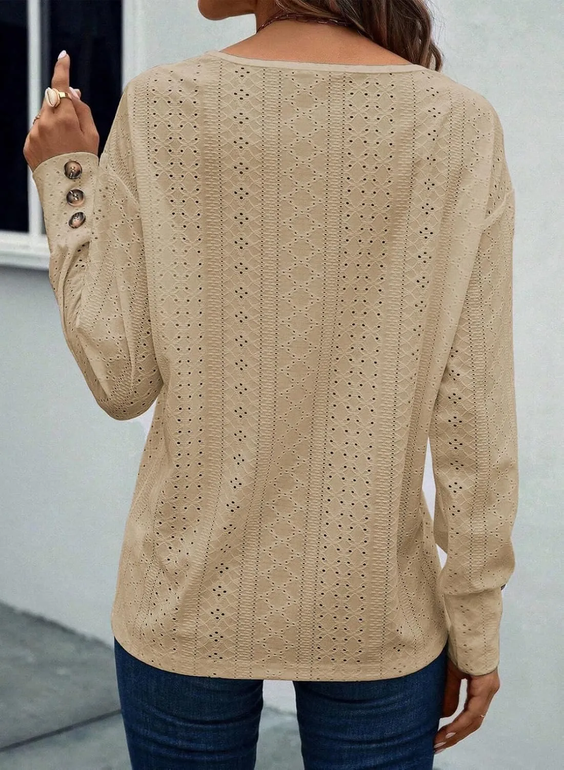 Dokotoo Women's Tops Dressy Casual V Neck Long Sleeve Buttons Hollow Out Lace Embroidered Blouses Shirts