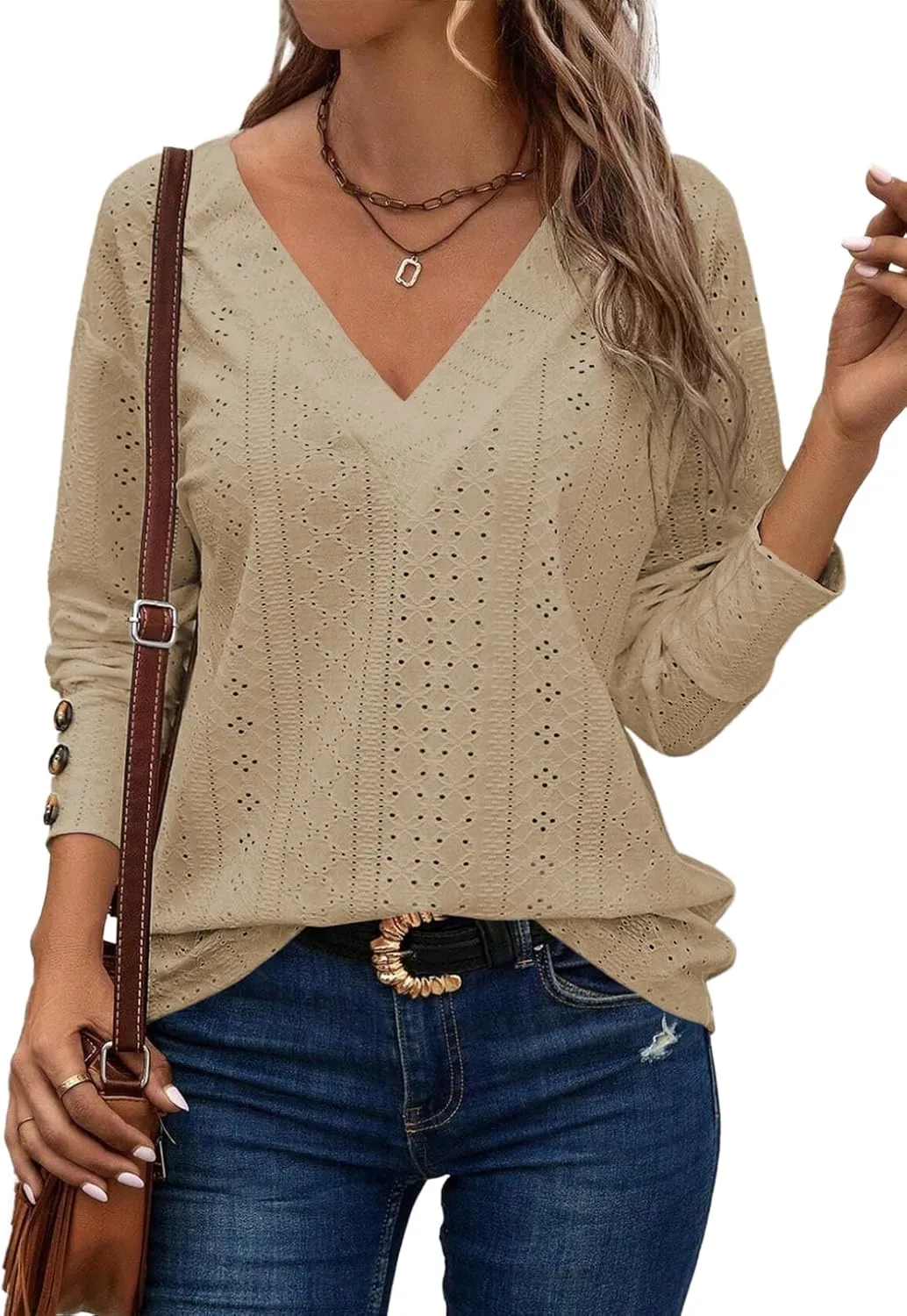 Dokotoo Women's Tops Dressy Casual V Neck Long Sleeve Buttons Hollow Out Lace Embroidered Blouses Shirts