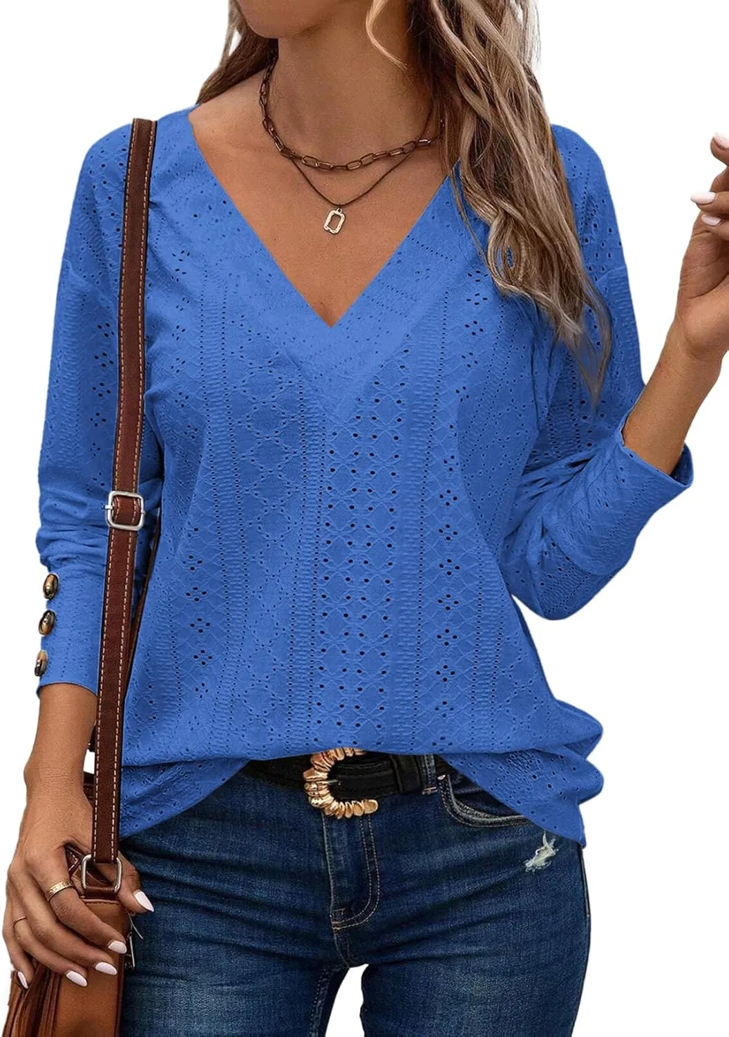 Dokotoo Women's Tops Dressy Casual V Neck Long Sleeve Buttons Hollow Out Lace Embroidered Blouses Shirts