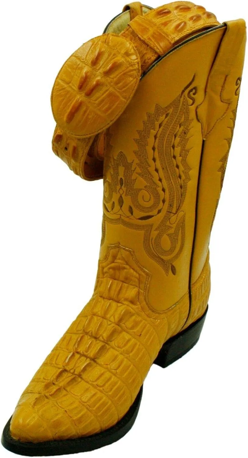 Dona Michi Men's Genuine Leather Crocodile Print J Toe Cow Boy Boots With Free Belt
