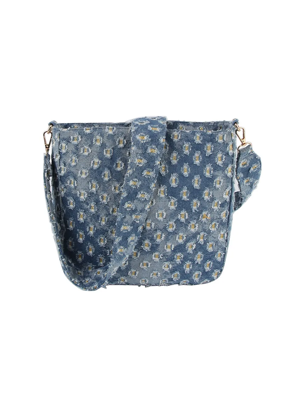 Dotted distressed denim crossbody bag