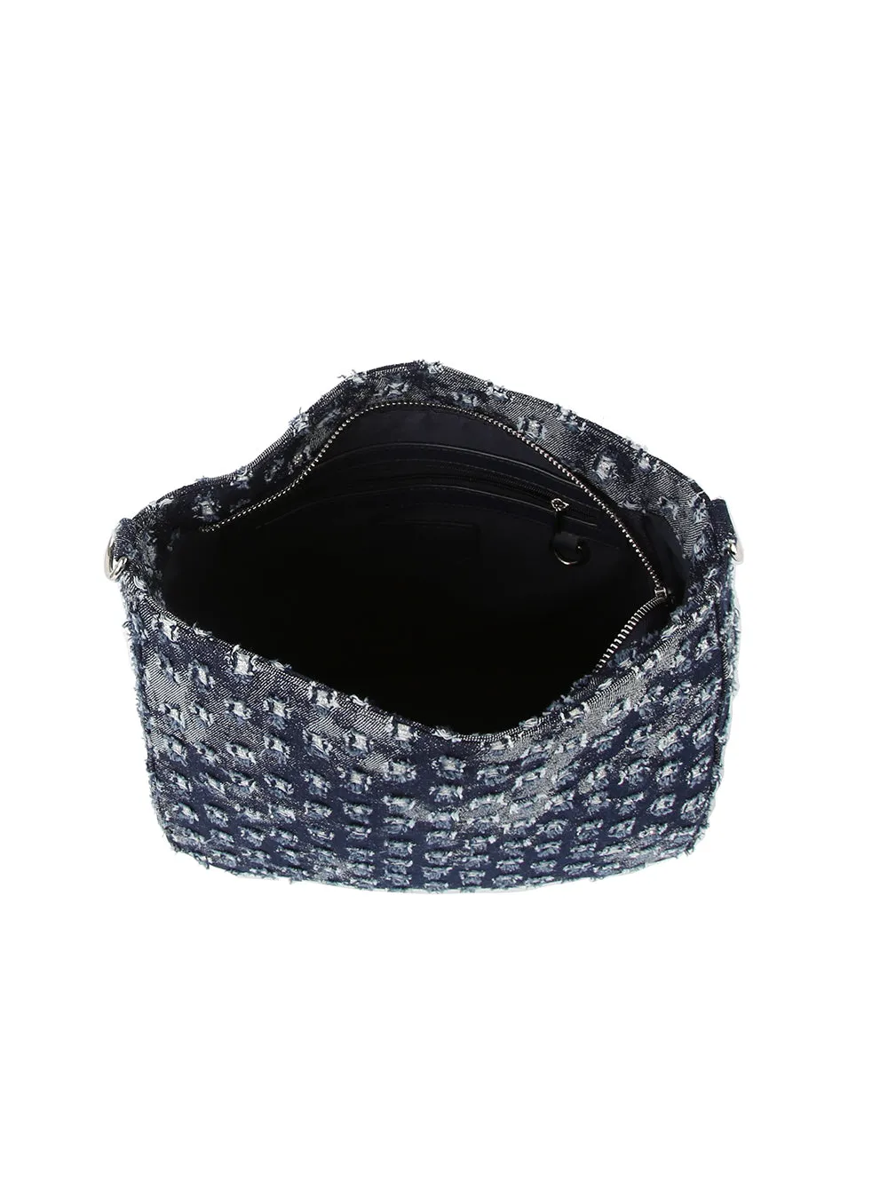 Dotted distressed denim crossbody bag