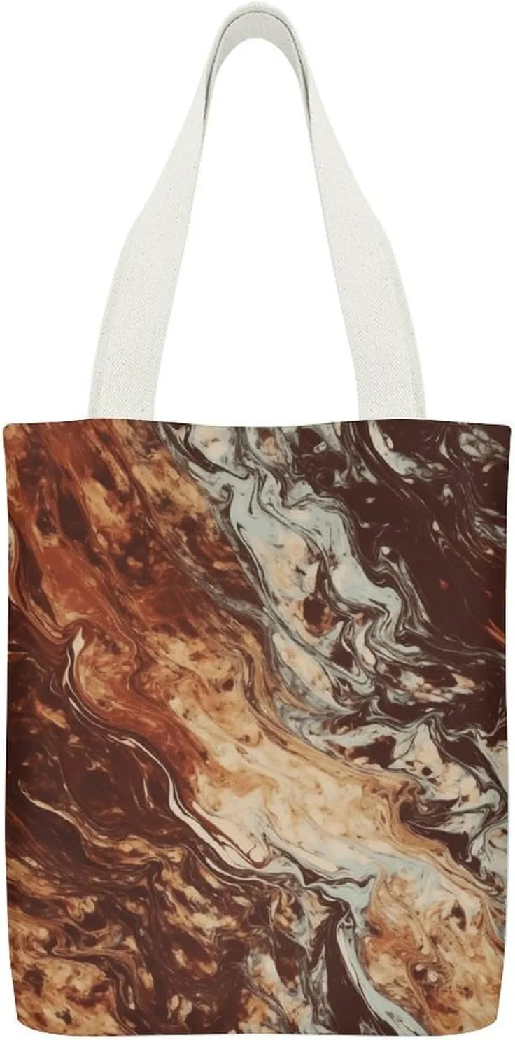 Double-sided Marble Mixed Brown Printed Canvas Tote Bag, Printed Simple Tote Bag, Shoulder Tote Bag, Canvas Bag with Inner Pocket