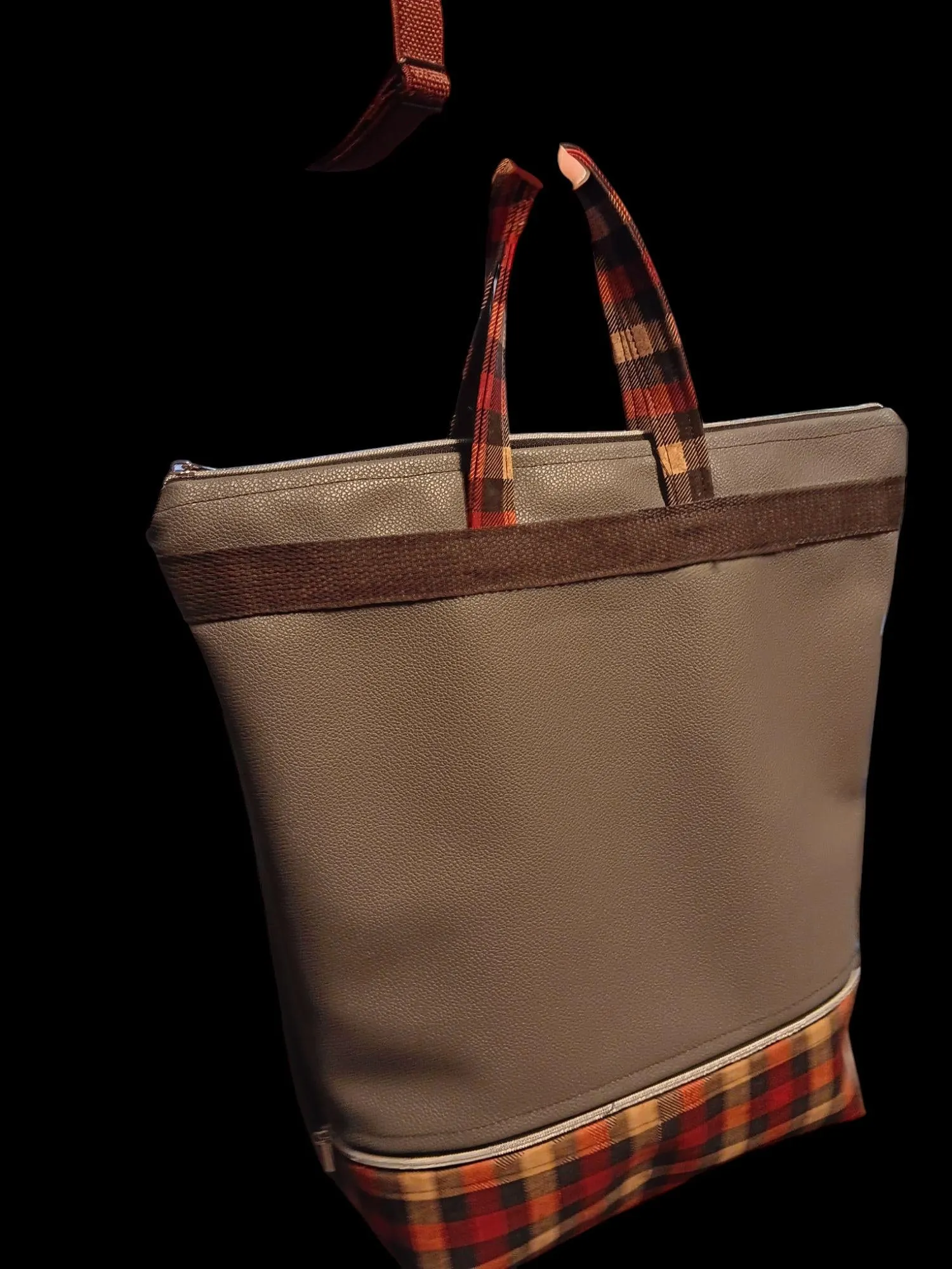 Double Zipper Tote Bag in Gray and Red Plaid,  Stylish, Spacious & Versatile Tote for Everyday Use