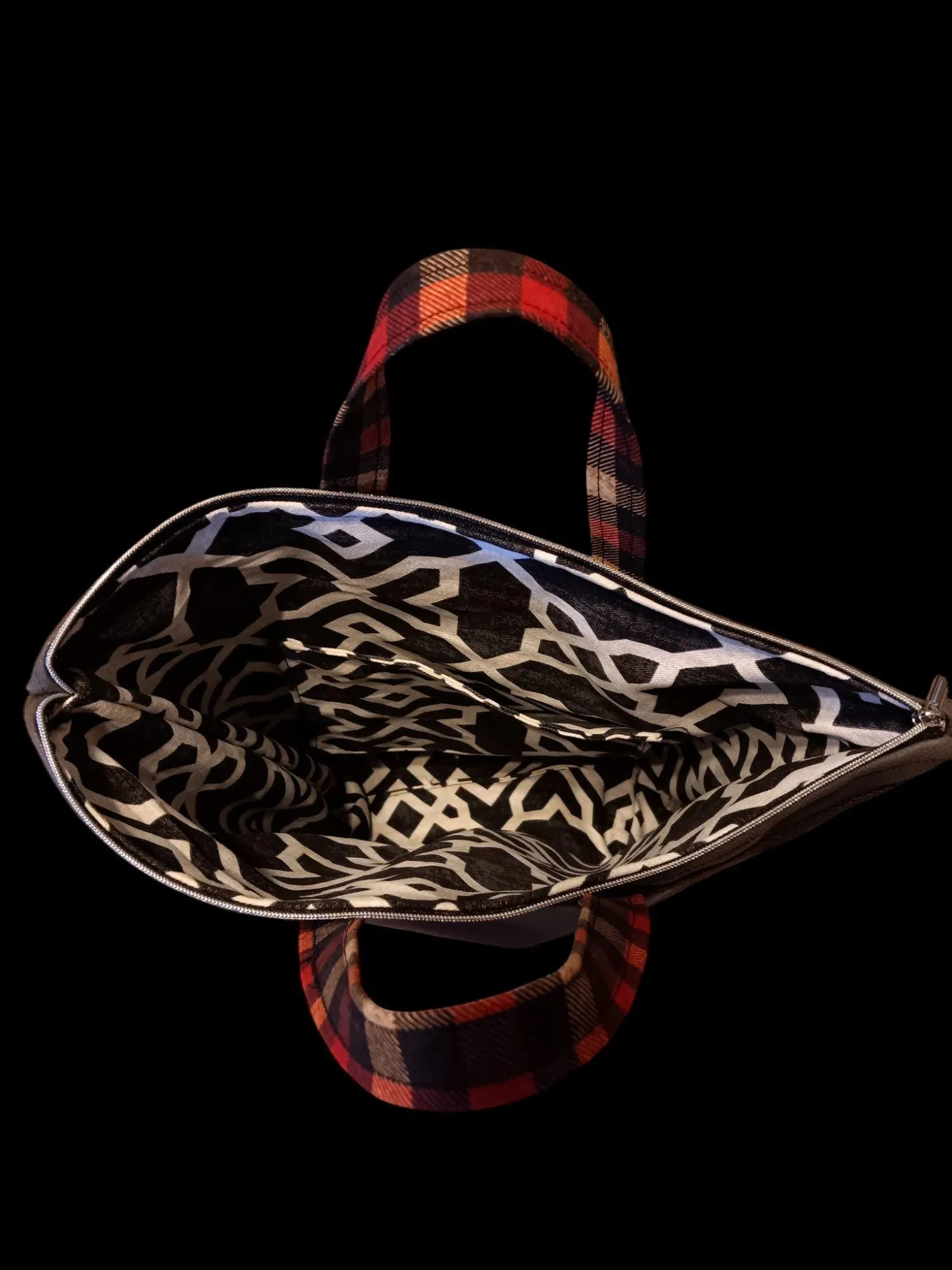 Double Zipper Tote Bag in Gray and Red Plaid,  Stylish, Spacious & Versatile Tote for Everyday Use