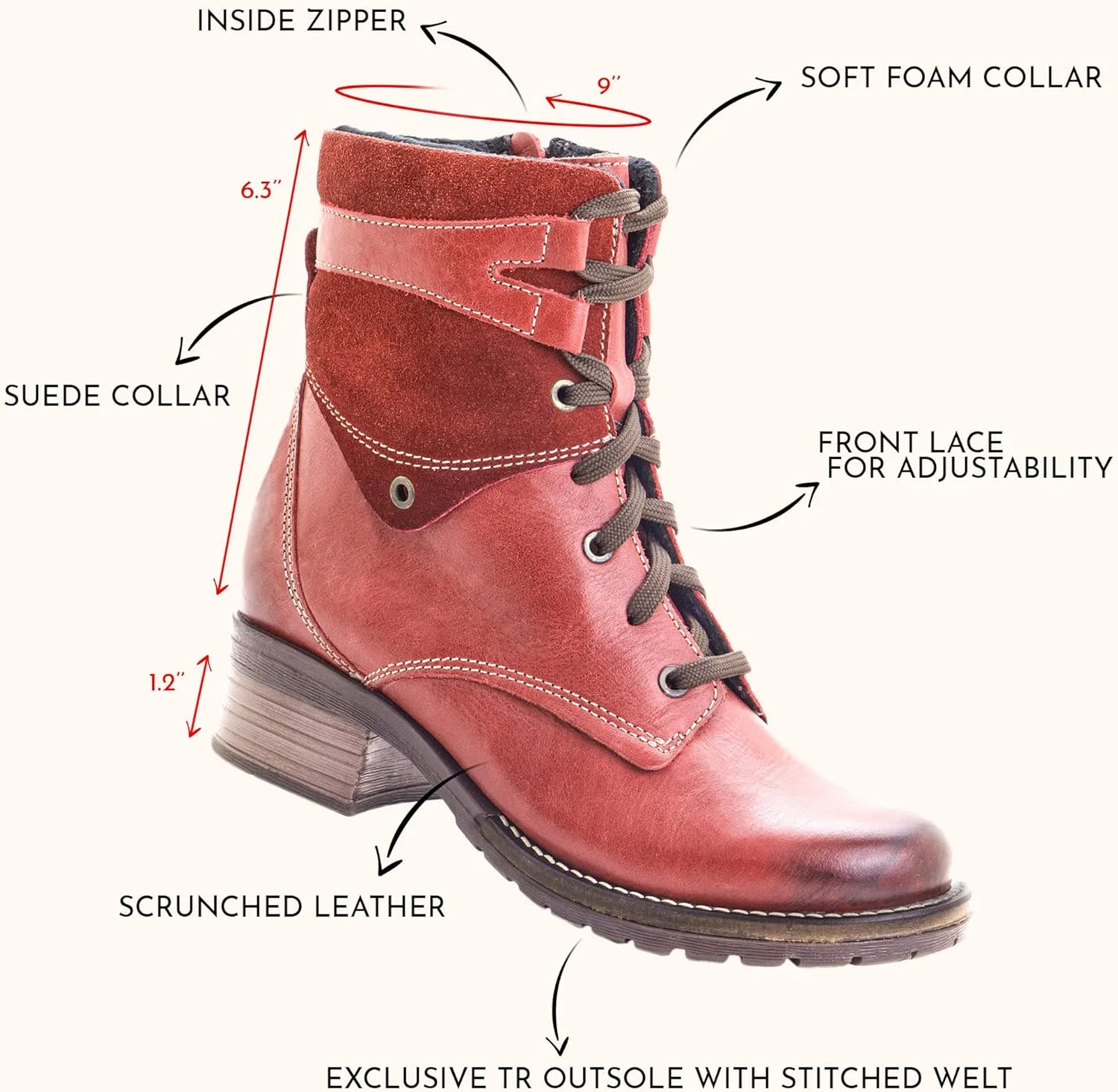 Dromedaris Women's Kara Combat Lace-up Comfort Boot with Inside Zip