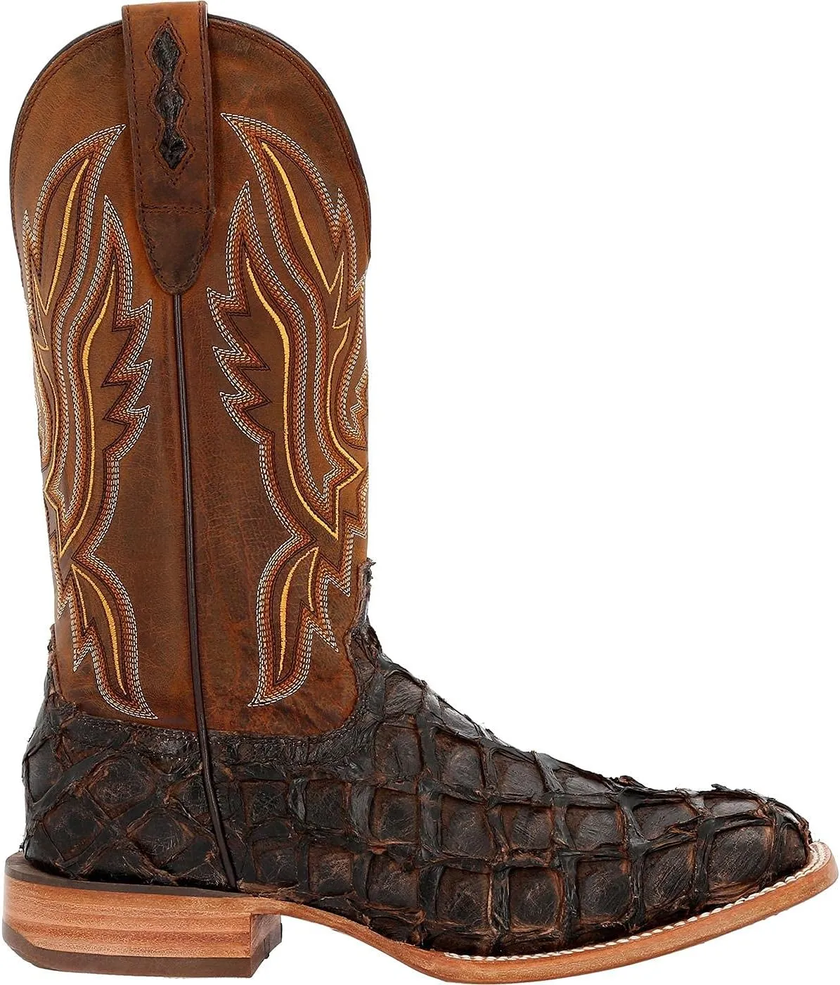 Durango Mens Premium Exotics Pirarucu Embroidered Square Toe Pull On Dress Boots Mid Calf - Brown