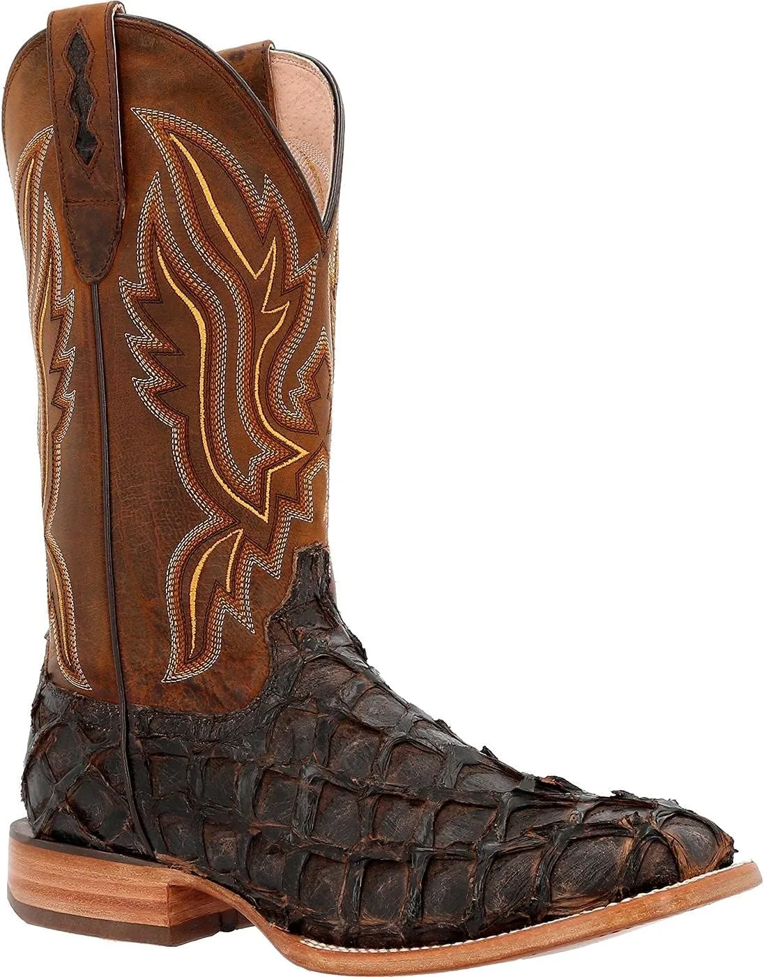 Durango Mens Premium Exotics Pirarucu Embroidered Square Toe Pull On Dress Boots Mid Calf - Brown