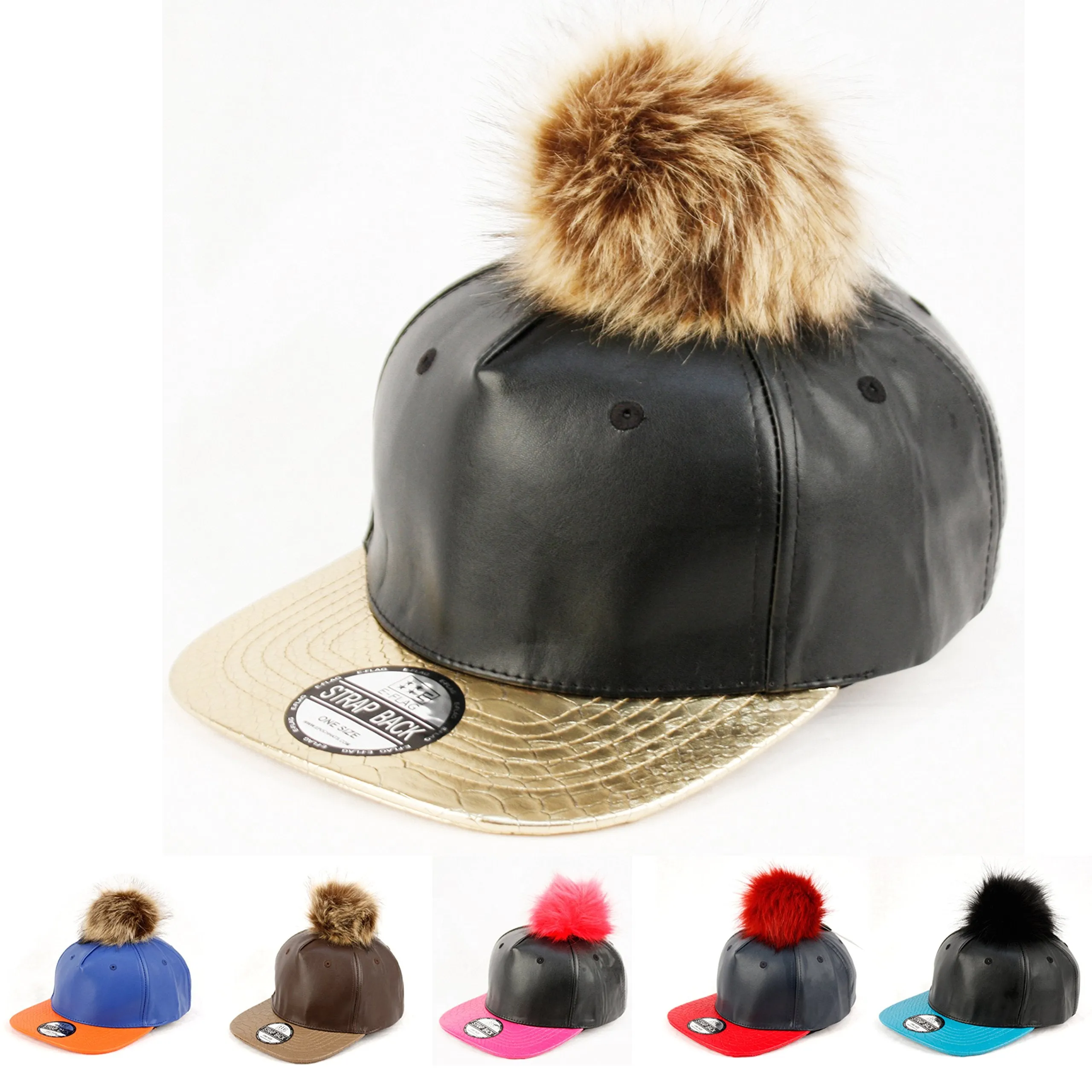 E-Flag Faux Leather Fur Pompom Baseball Cap Strap Back