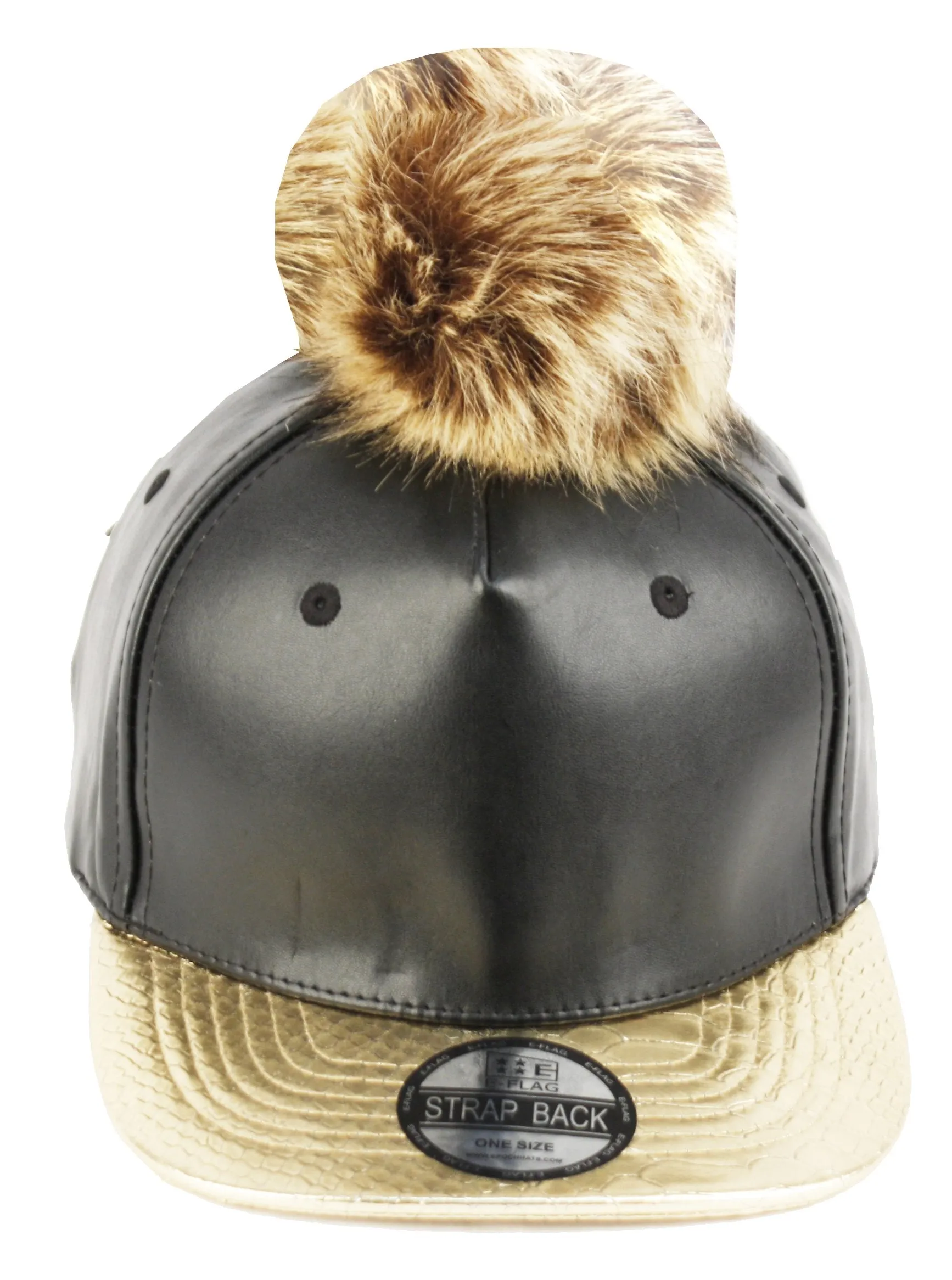 E-Flag Faux Leather Fur Pompom Baseball Cap Strap Back