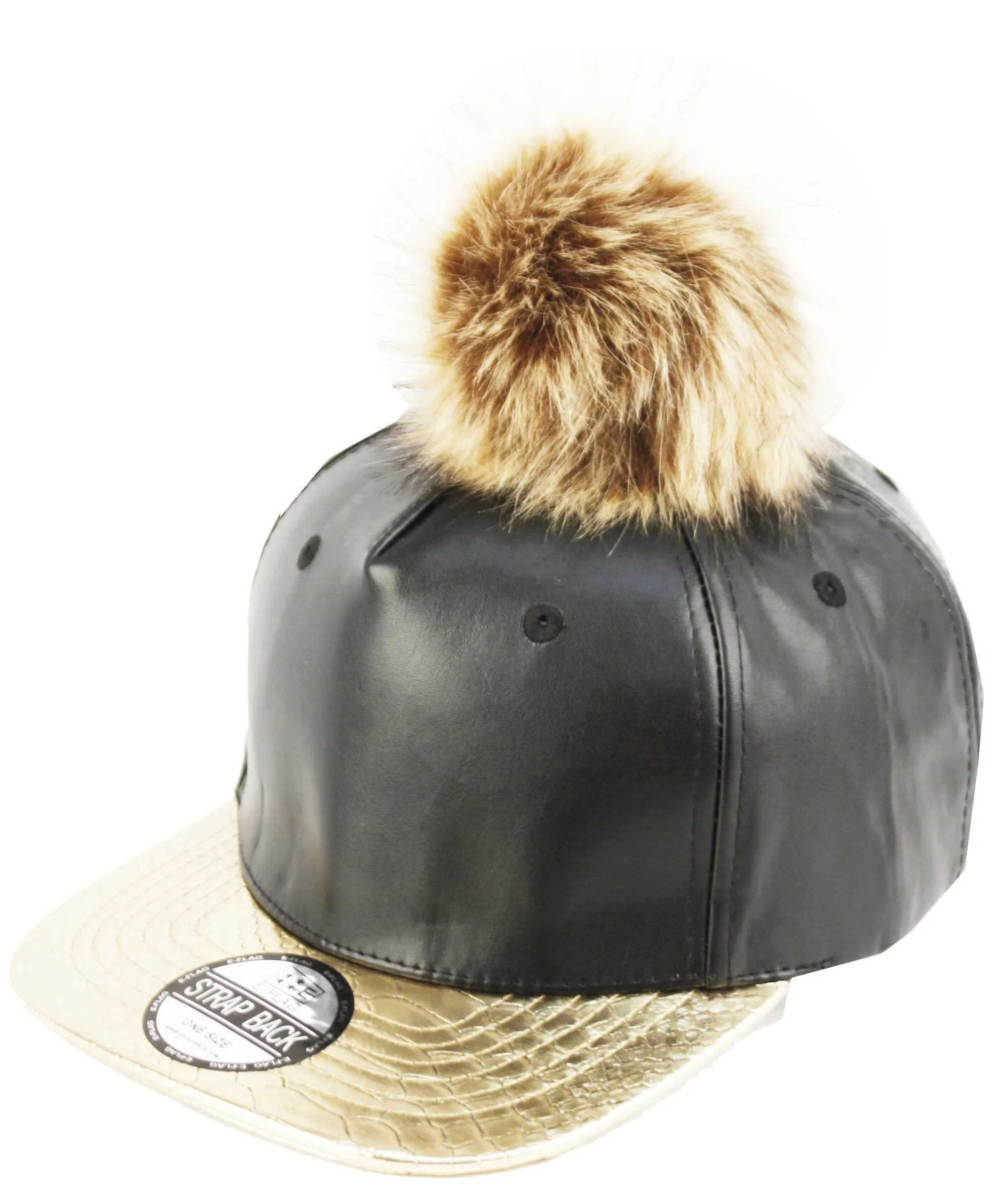E-Flag Faux Leather Fur Pompom Baseball Cap Strap Back