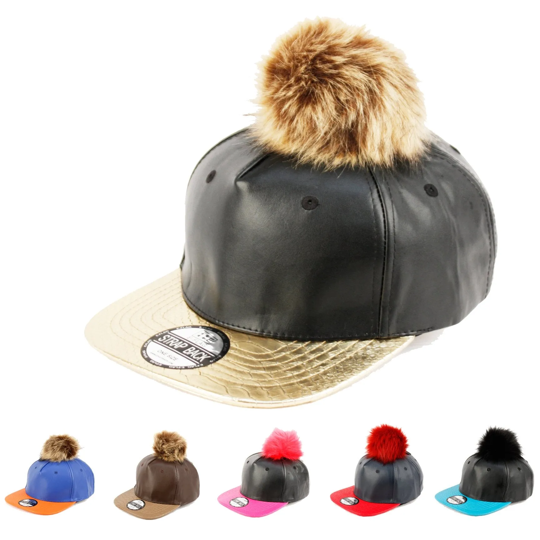 E-Flag Faux Leather Fur Pompom Baseball Cap Strap Back