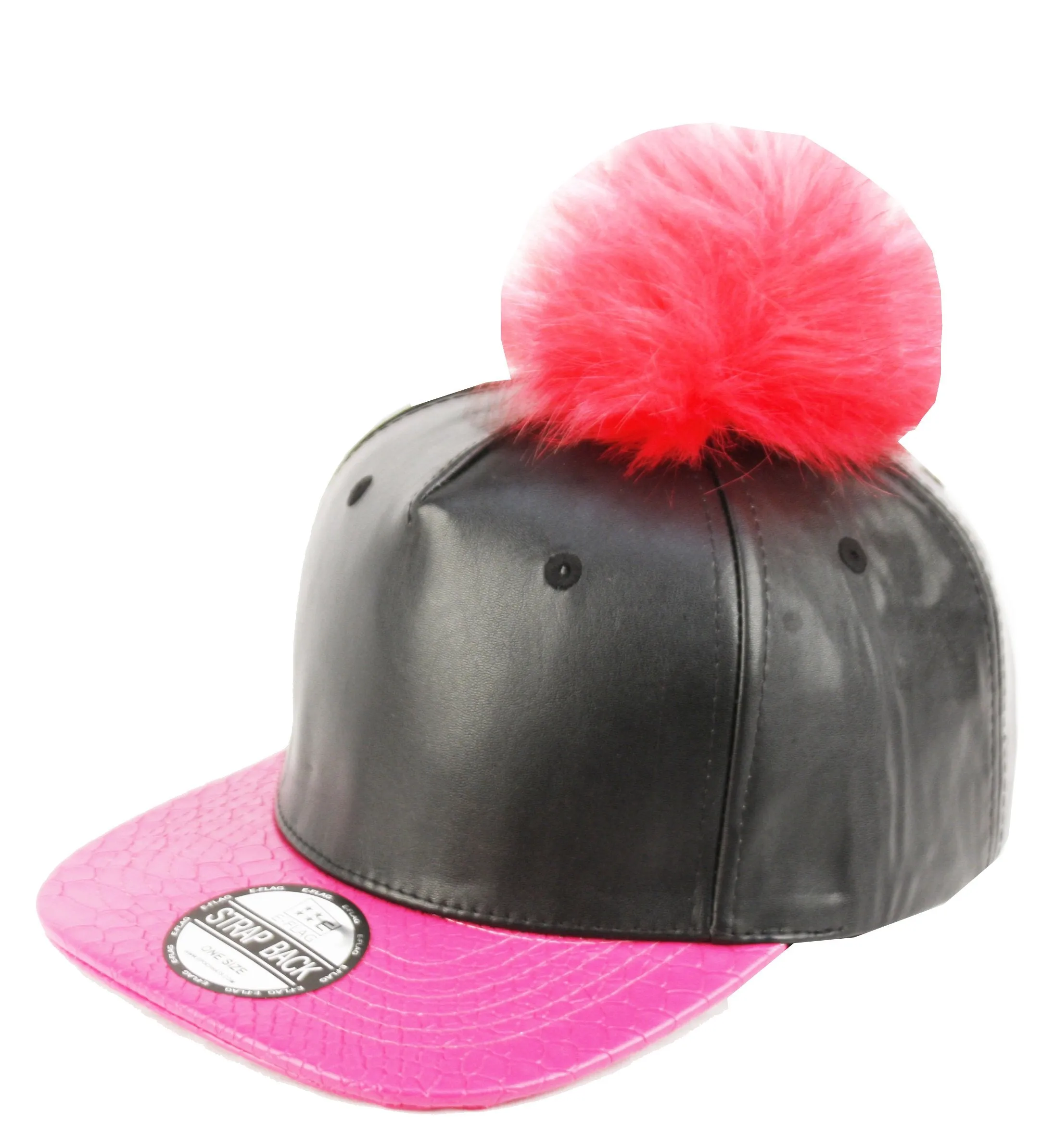 E-Flag Faux Leather Fur Pompom Baseball Cap Strap Back
