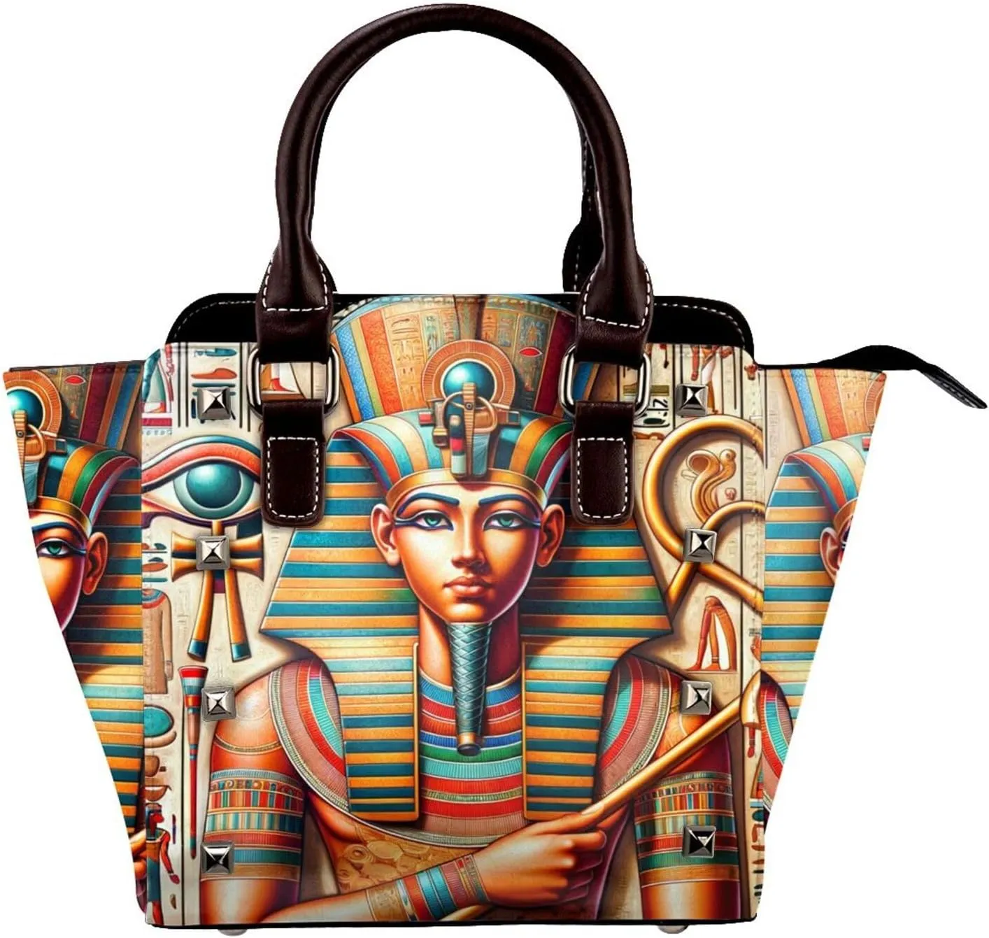 Egyptian-God-Ankh-Staff Pu Leather Crossbody Studded Bag, Fashionable Shoulder Handbag With Detachable Shoulder Strap