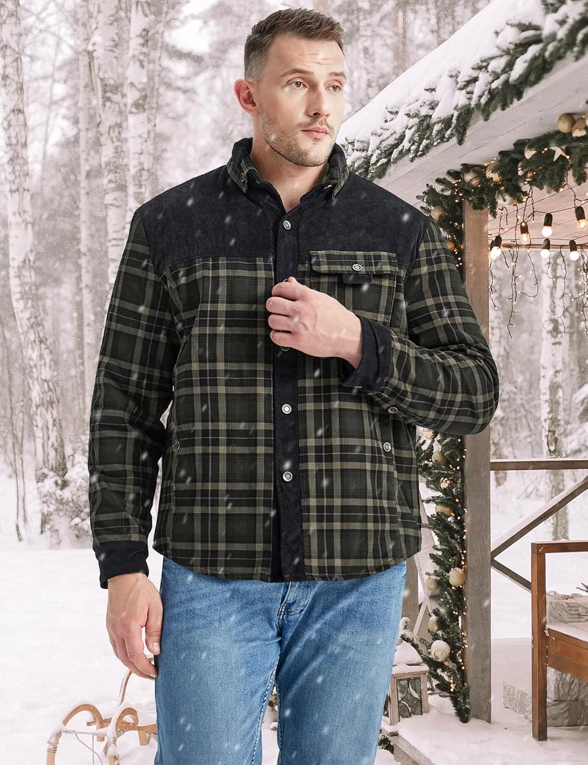 Eisctnd Men's Sherpa Lined Flannel Jacket Outdoor Long Sleeve Plaid Fleece Shirt Warm Casual Button Down Coat