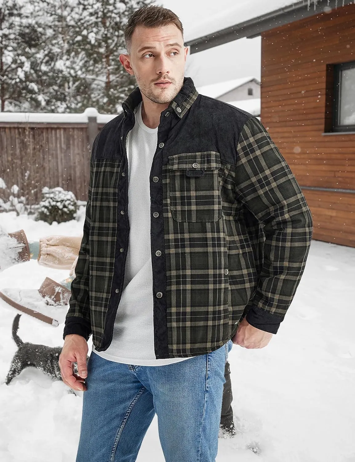 Eisctnd Men's Sherpa Lined Flannel Jacket Outdoor Long Sleeve Plaid Fleece Shirt Warm Casual Button Down Coat