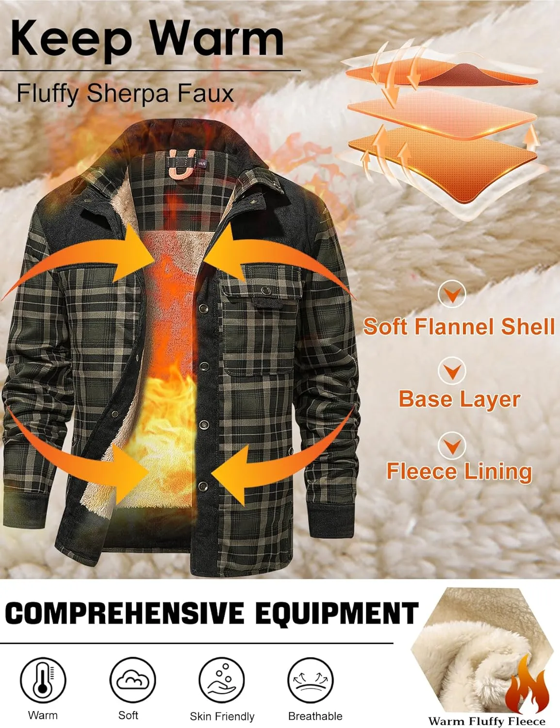 Eisctnd Men's Sherpa Lined Flannel Jacket Outdoor Long Sleeve Plaid Fleece Shirt Warm Casual Button Down Coat