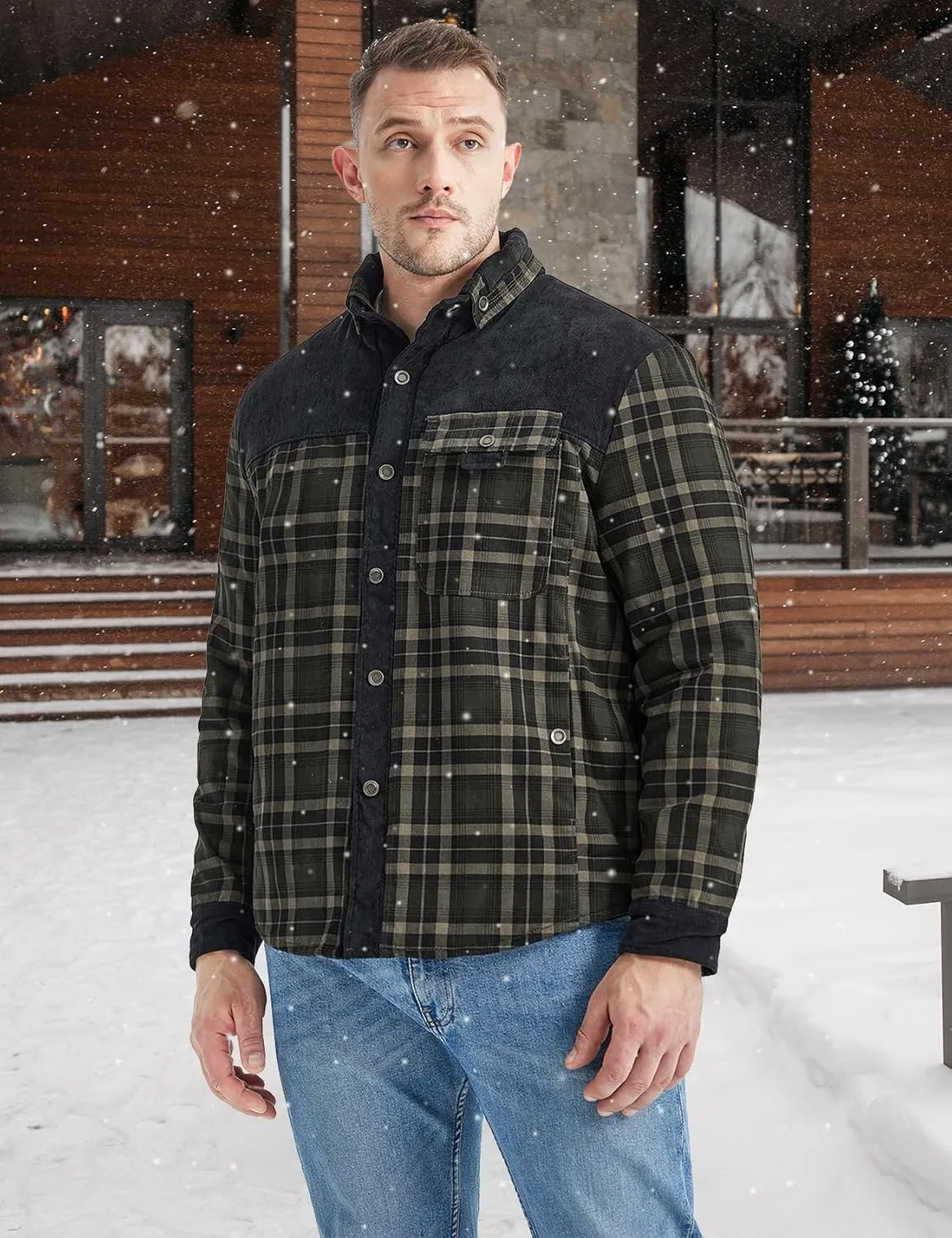 Eisctnd Men's Sherpa Lined Flannel Jacket Outdoor Long Sleeve Plaid Fleece Shirt Warm Casual Button Down Coat