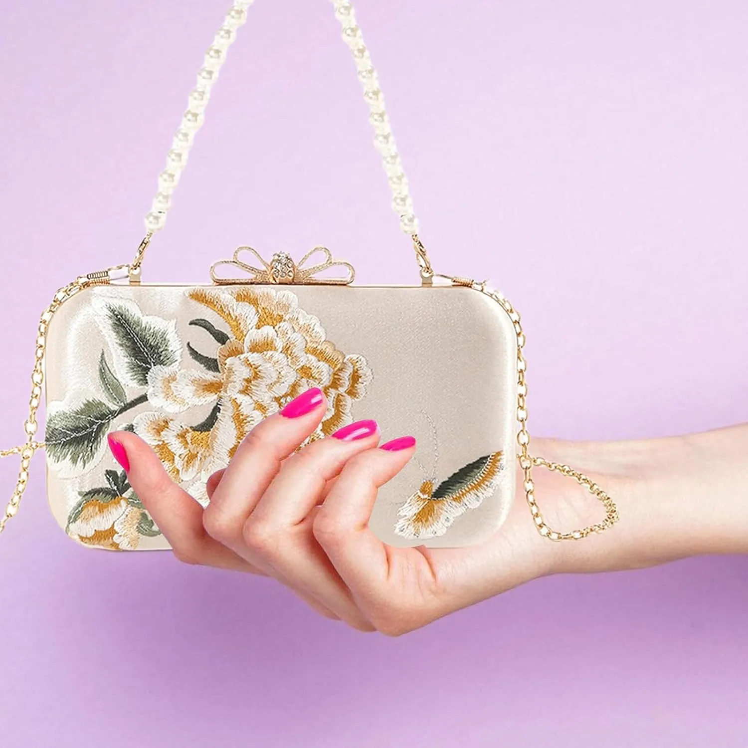 Elegant Chinese Handbag with Peony Flower Butterfly Embroidery Evening Bag Crossbody Bag for Wedding Party