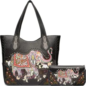 Elephant Rhinestone Studded Western Style Concealed Carry Purse Handbag Women Shoulder Bag Wallet Set