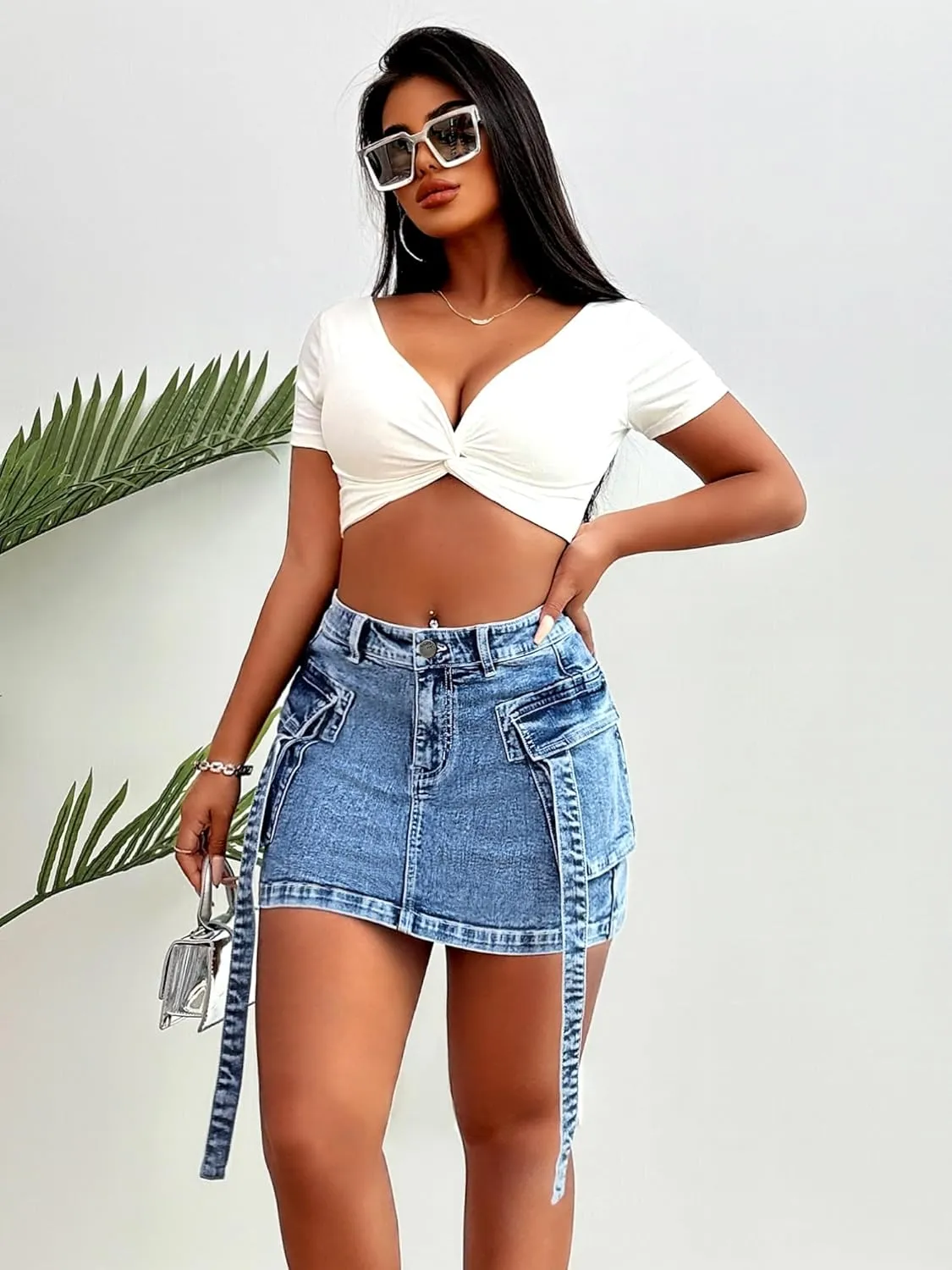 ELLEVEN High Stretch Denim Cargo Skirt for Women, Low Waist Y2k Mini Jean Skirt Cute Skirt with Pockets