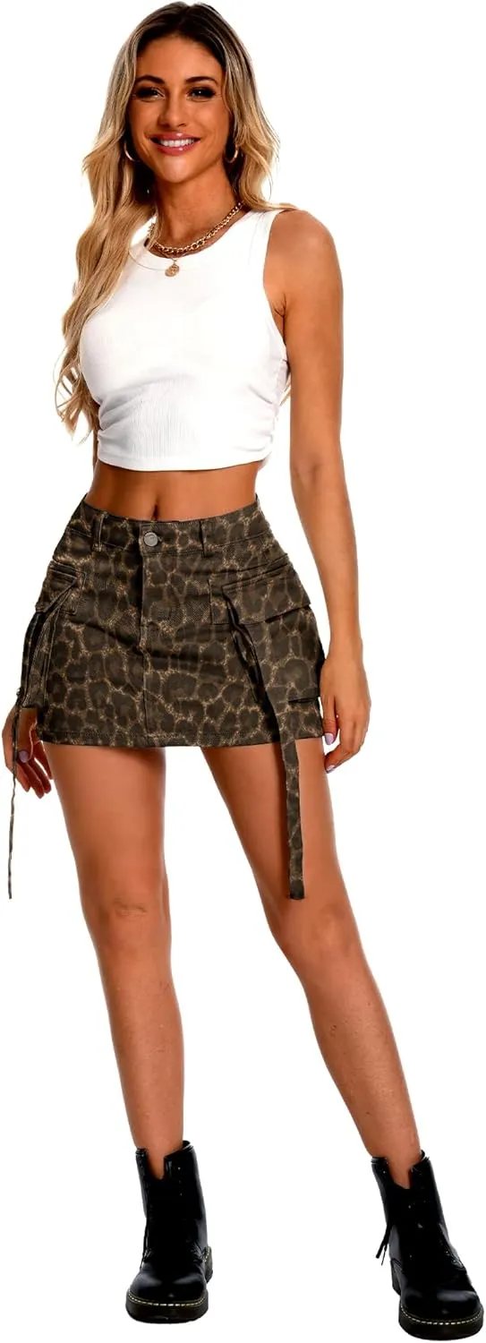 ELLEVEN High Stretch Denim Cargo Skirt for Women, Low Waist Y2k Mini Jean Skirt Cute Skirt with Pockets