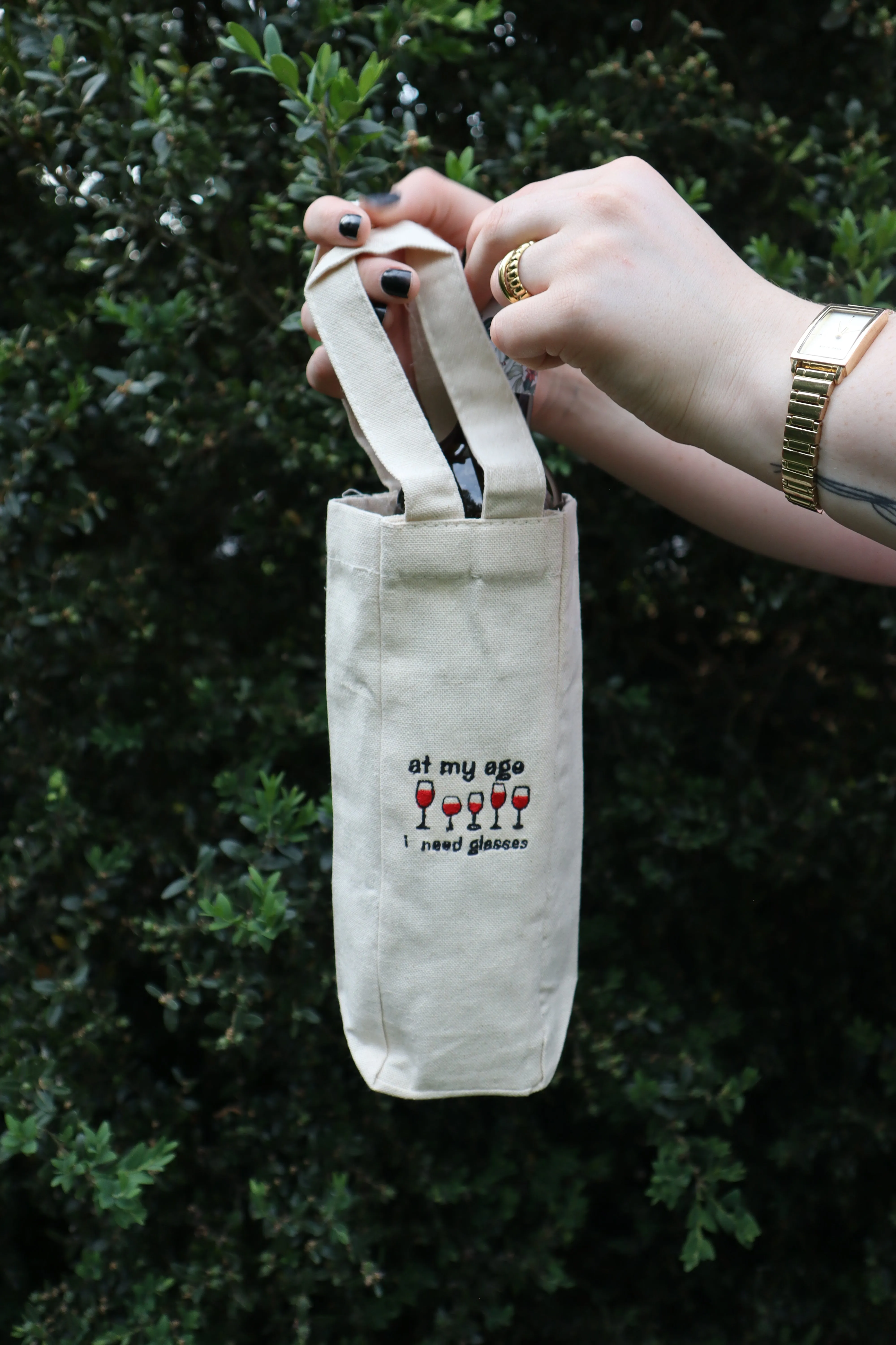 Embroidered At My Age I Need Wine Glasses Natural Canvas One or Two Bottle Wine Holder Tote Bag