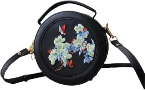 Embroidered Flower Zipper Women's Bag Messenger Bag Embroidered Shoulder Small Round Bag crossbody