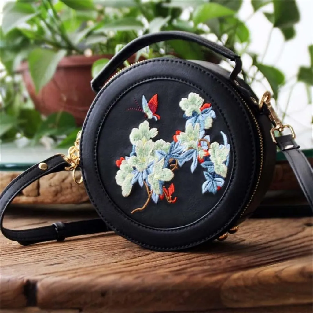 Embroidered Flower Zipper Women's Bag Messenger Bag Embroidered Shoulder Small Round Bag crossbody