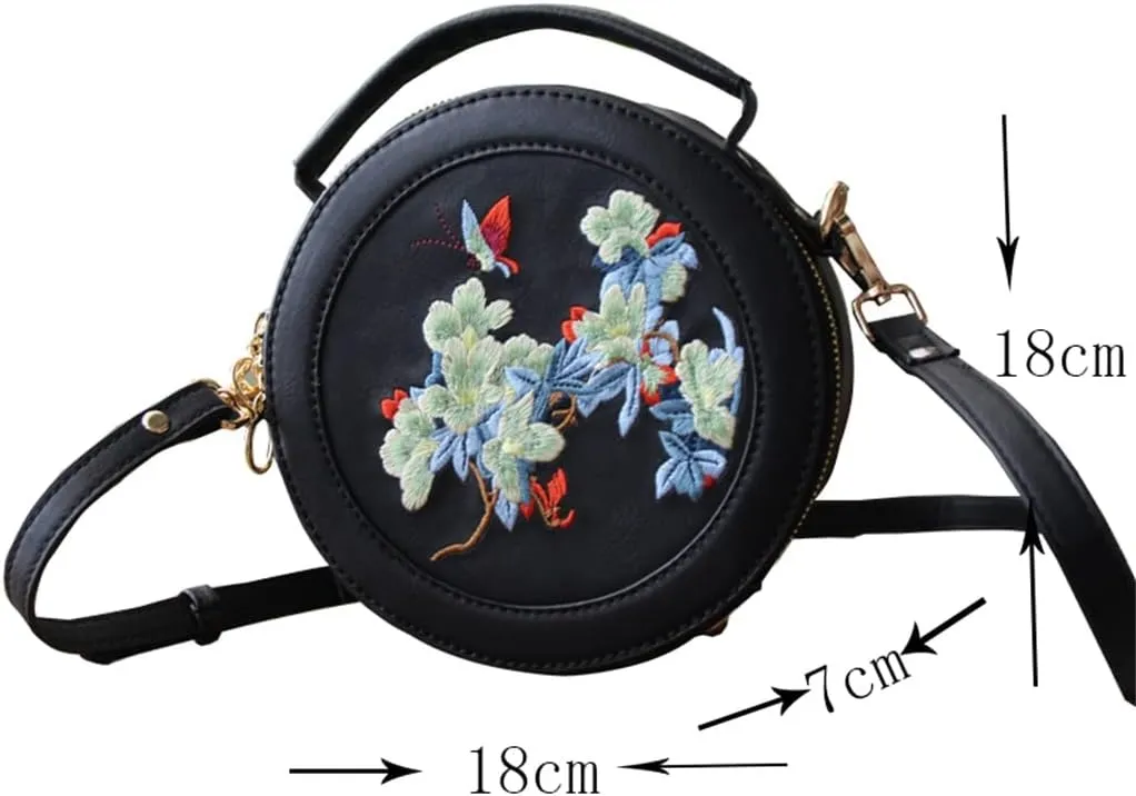 Embroidered Flower Zipper Women's Bag Messenger Bag Embroidered Shoulder Small Round Bag crossbody