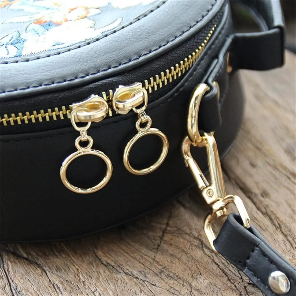 Embroidered Flower Zipper Women's Bag Messenger Bag Embroidered Shoulder Small Round Bag crossbody