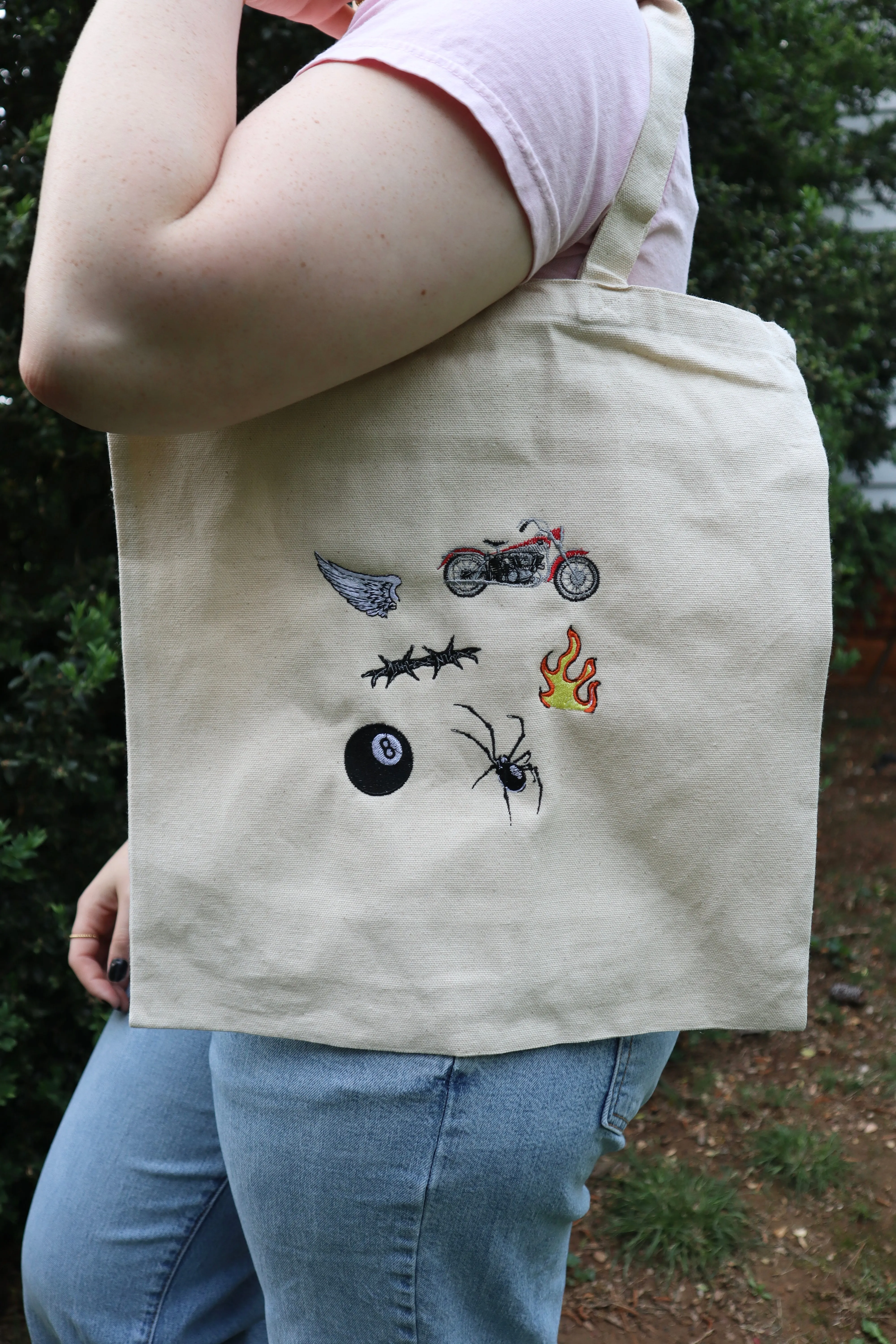 Embroidered Grunge Wing, Motorcyle, Barbwire, Flame, Eight Ball, Spider Natural Canvas Tote Bag