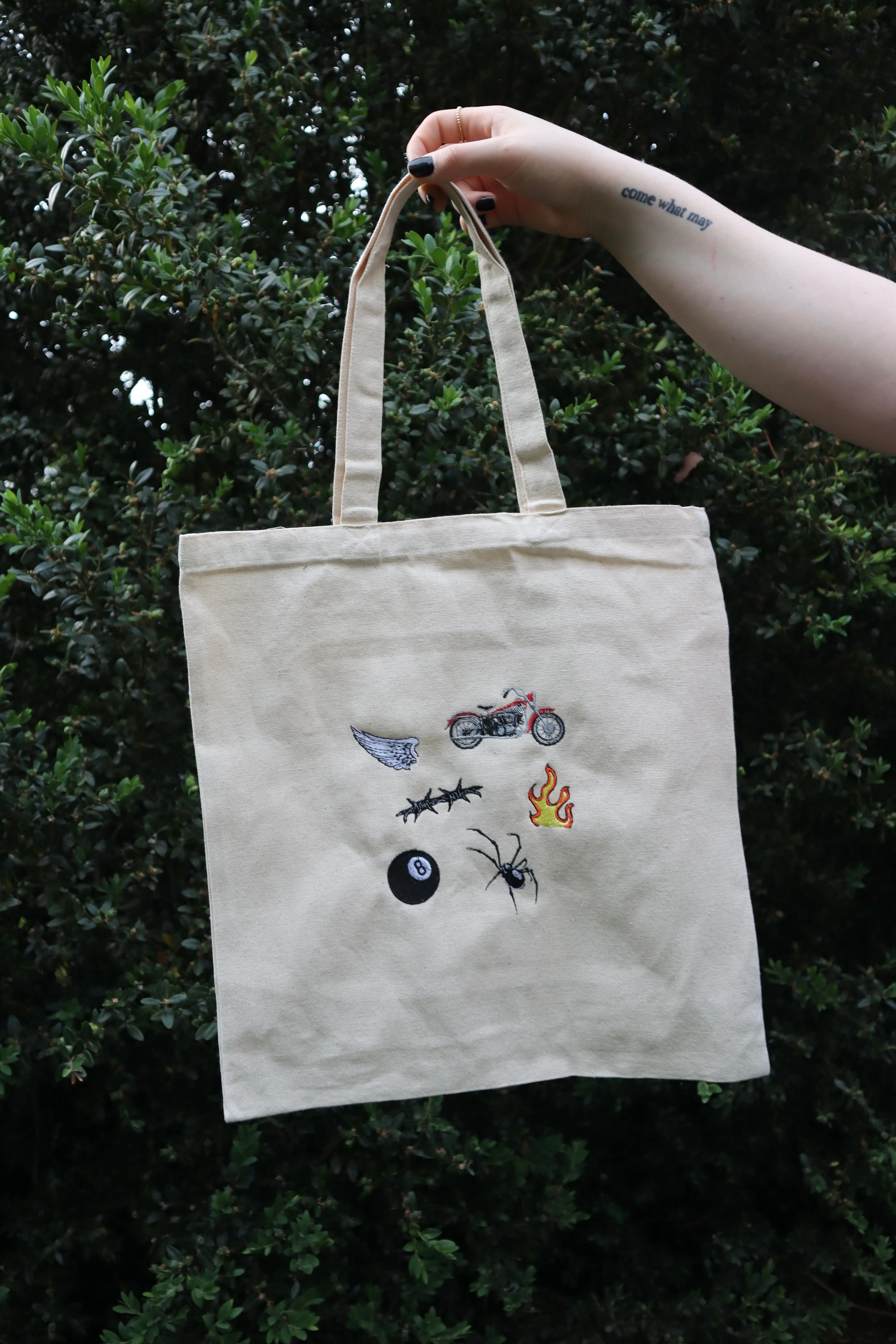 Embroidered Grunge Wing, Motorcyle, Barbwire, Flame, Eight Ball, Spider Natural Canvas Tote Bag