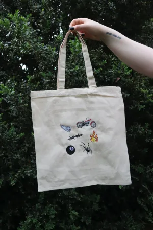 Embroidered Grunge Wing, Motorcyle, Barbwire, Flame, Eight Ball, Spider Natural Canvas Tote Bag