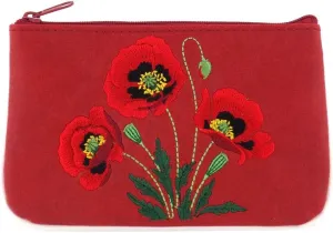 Embroidered Poppy Flower Vegan/Faux Leather Small Pouch/Coin Purse (Red)