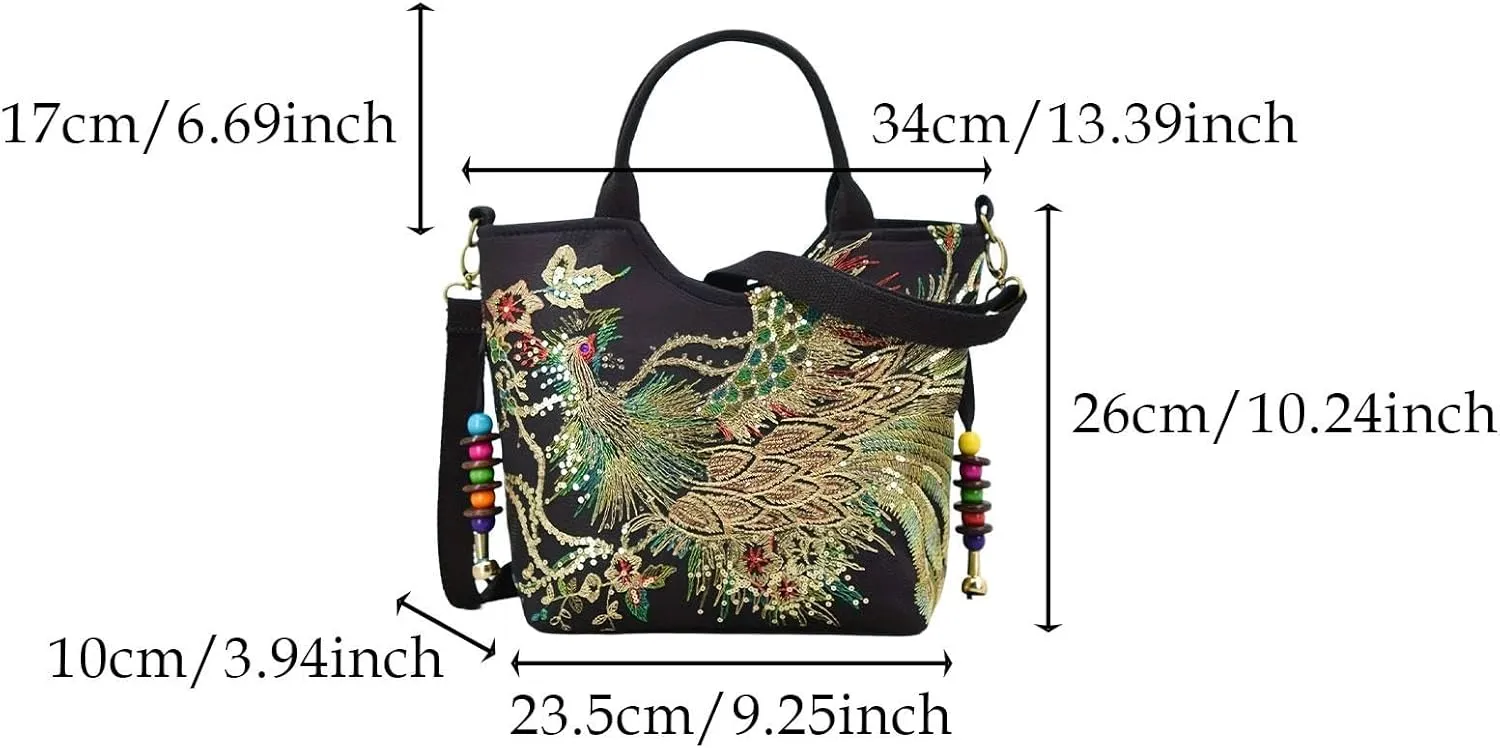 Embroidery Handbag with Pendants Crossbody Purse for Outdoor Sports