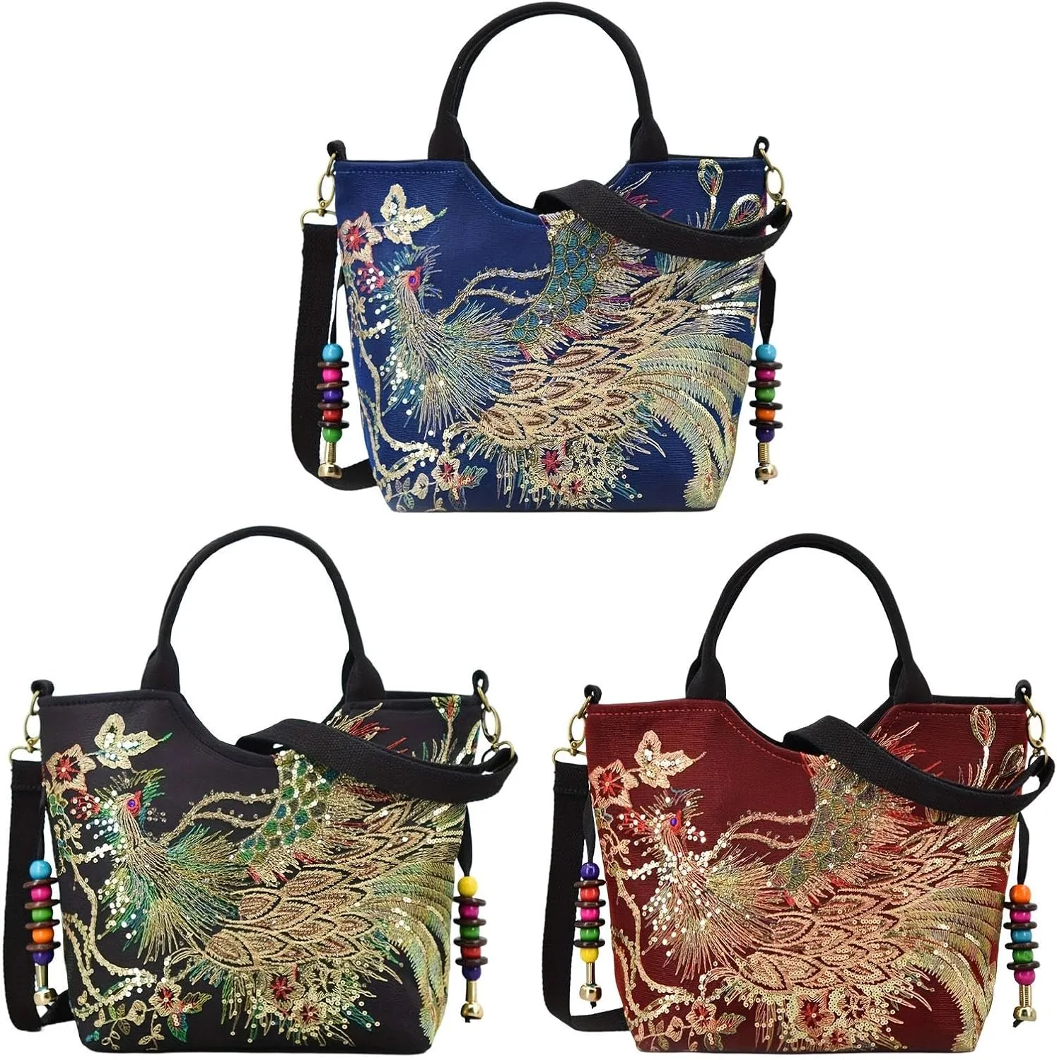 Embroidery Handbag with Pendants Crossbody Purse for Outdoor Sports