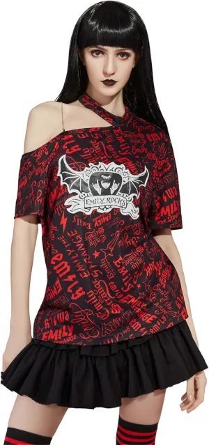 Emily the Strange Women's Casual T-Shirt Short Sleeve Basic Tee One Shoulder T-Shirt with Emily Rocks Print