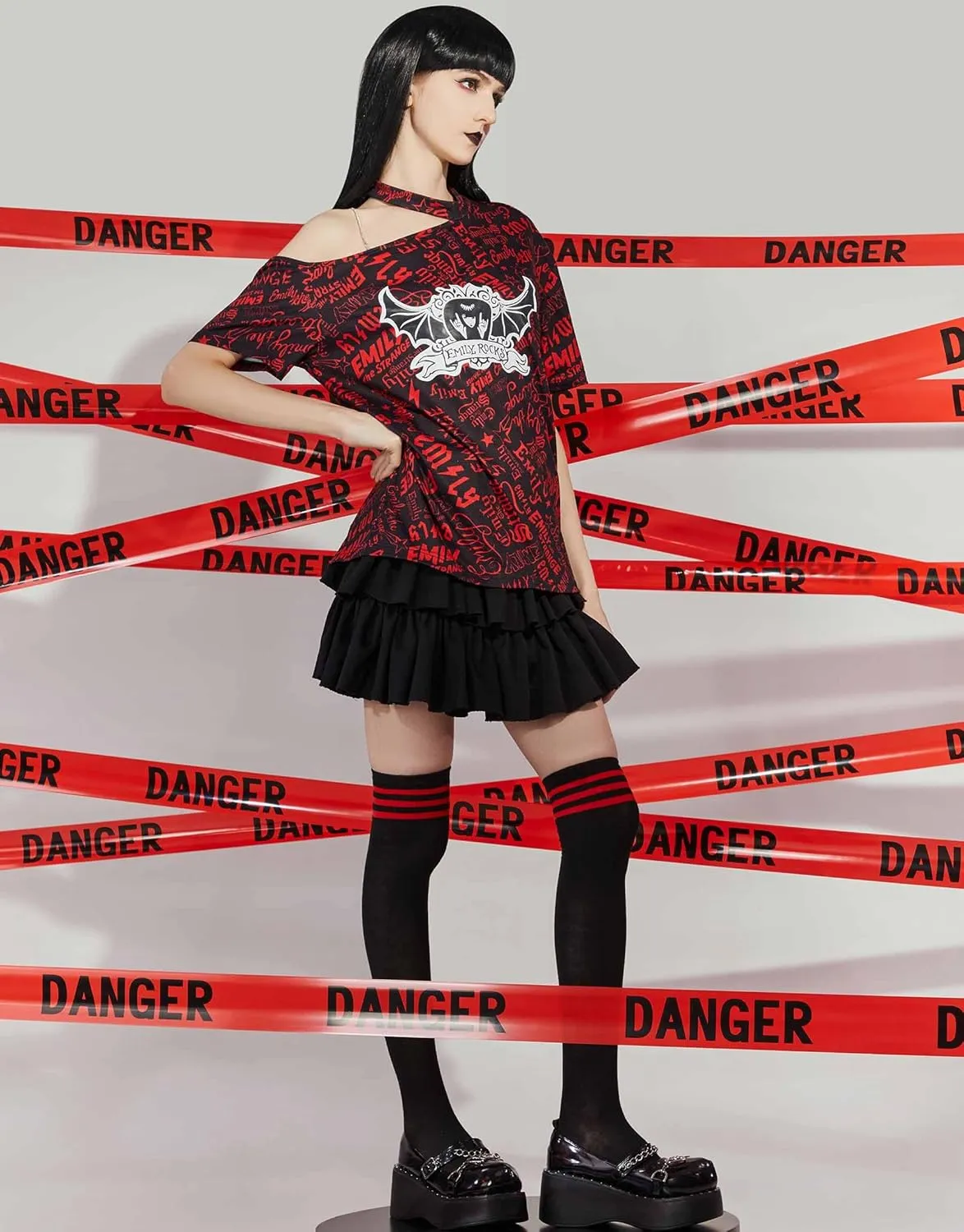 Emily the Strange Women's Casual T-Shirt Short Sleeve Basic Tee One Shoulder T-Shirt with Emily Rocks Print