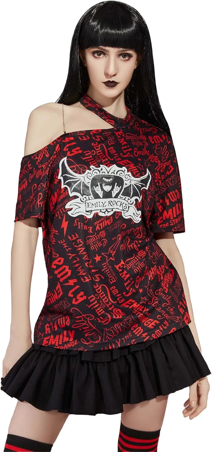 Emily the Strange Women's Casual T-Shirt Short Sleeve Basic Tee One Shoulder T-Shirt with Emily Rocks Print