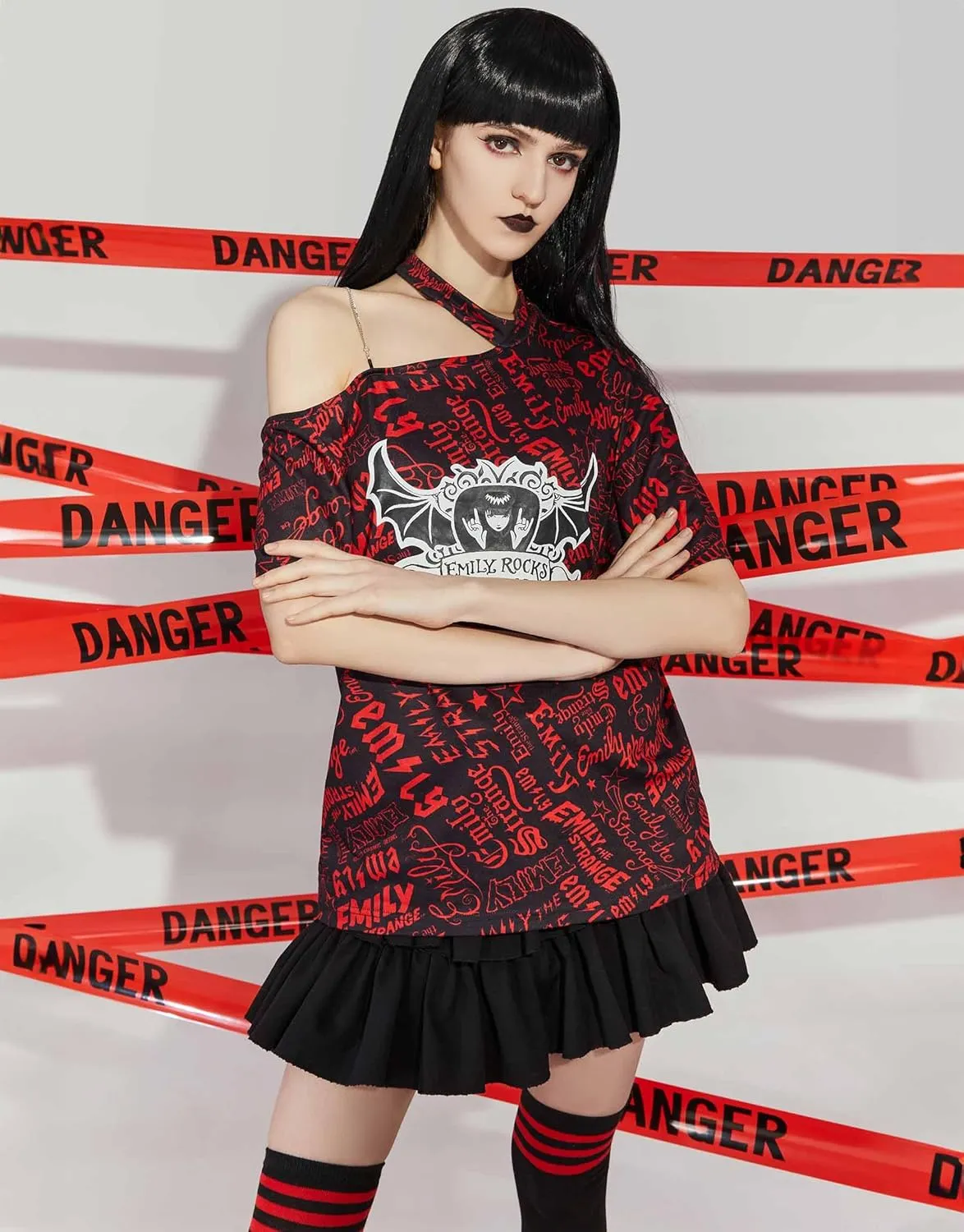 Emily the Strange Women's Casual T-Shirt Short Sleeve Basic Tee One Shoulder T-Shirt with Emily Rocks Print