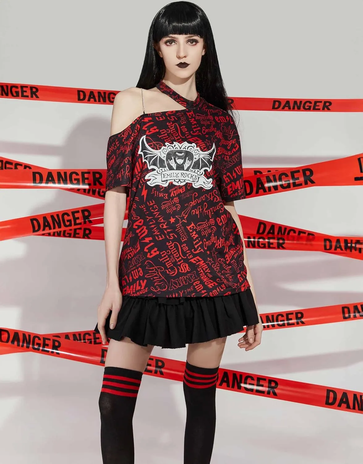 Emily the Strange Women's Casual T-Shirt Short Sleeve Basic Tee One Shoulder T-Shirt with Emily Rocks Print