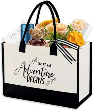 Engagement Gift Canvas Tote Bride Bag,Bridal Shower Gifts for Engagement Wedding Graduation Retirement Gift Beach Bag And So The Adventure Begins Large Tote Bag