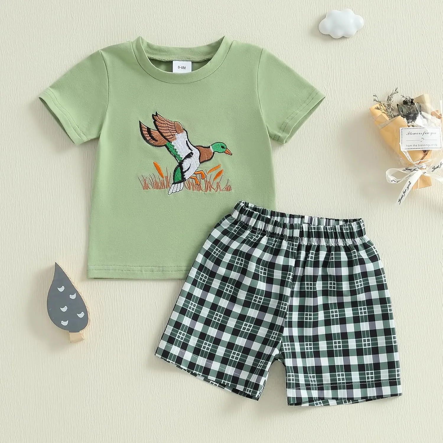 Engofs Baby Toddler Boy Shorts Set Duck Embroidery Short Sleeve T-shirt Plaid Shorts Casual Farm Clothes